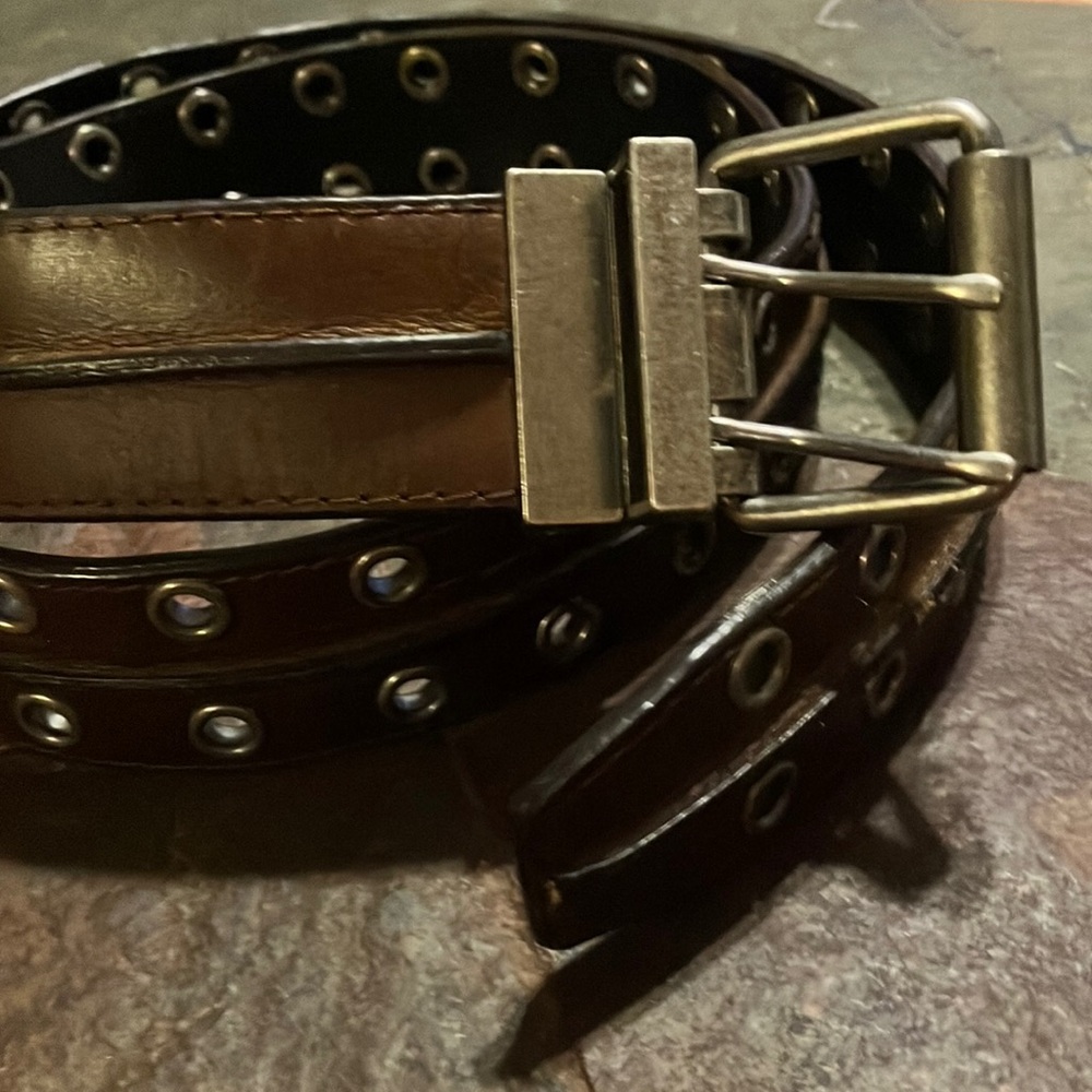 Reversible Brown/Black Leather Belt with‎ Metal Studs and Silver Buckle